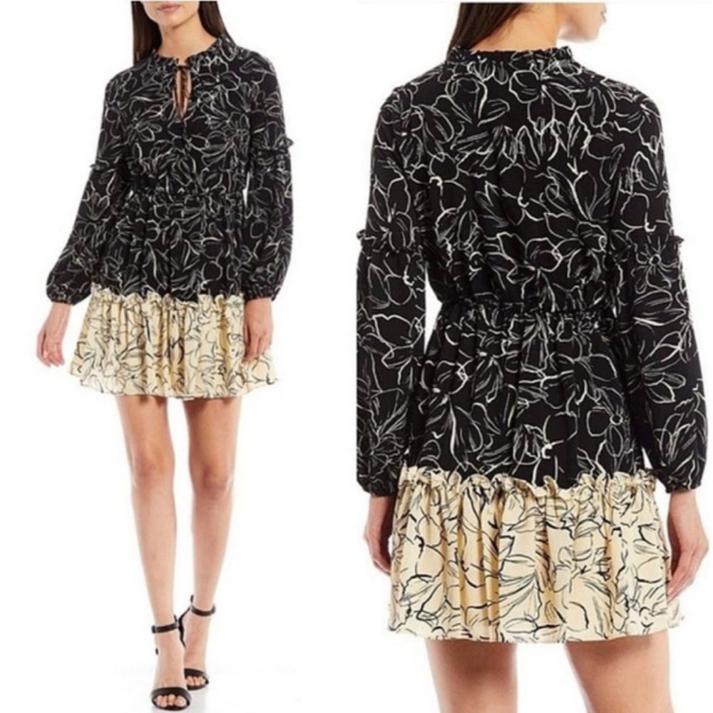 NWT Laundry by Shelli Segal Multi Print Tiered Short Dress With Long Sleeves